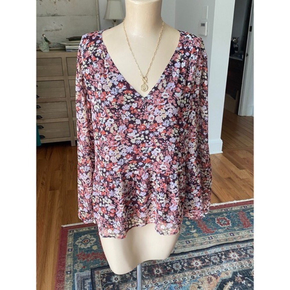 LOFT Womens Burgundy Floral V-Neck‎ Peplum Long Sleeve Chiffon Blouse Size M